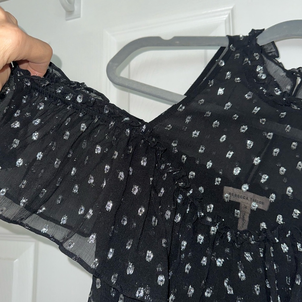 Rebecca Taylor Black Silk Off the Shoulder Top with Silver Threading - Picture 5 of 7